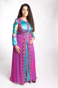 Caftan Bleu et Mousseline Fuchsia - Réf : AS8