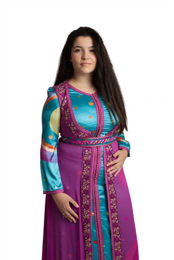Caftan Bleu et Mousseline Fuchsia - Réf : AS8