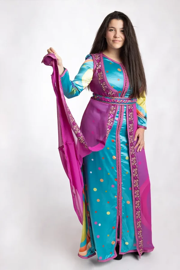 Caftan Bleu et Mousseline Fuchsia - Réf : AS8