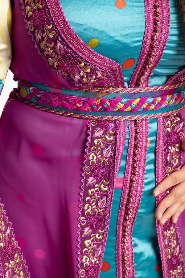 Caftan Bleu et Mousseline Fuchsia - Réf : AS8