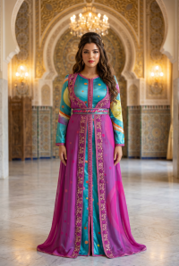 Caftan Bleu et Mousseline Fuchsia