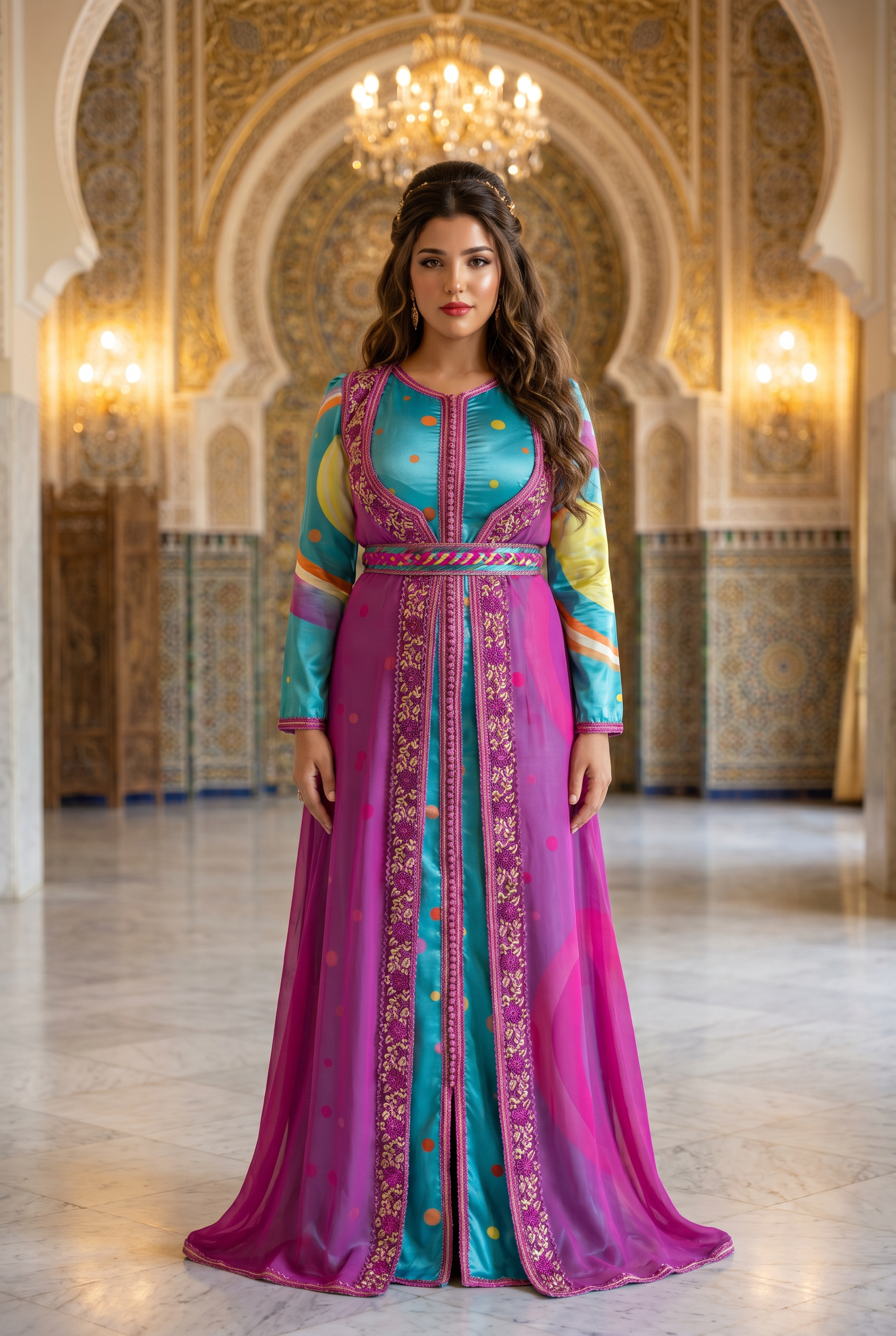 Caftan Bleu et Mousseline Fuchsia