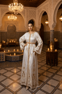 Caftan Blanc en Satin et Broderie Or