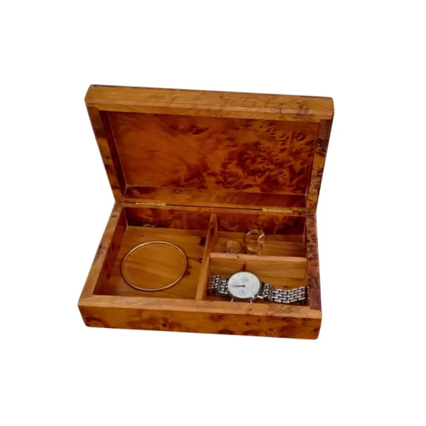 Boîte à bijoux rectangulaire en Loupe de Thuya, 3 compartiments