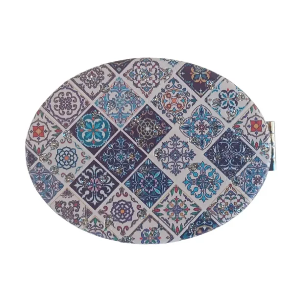 Miroir de poche ovale petit carreaux bleu avec strass