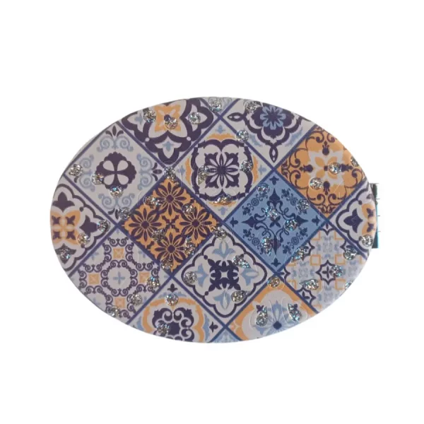 Miroir de poche, de forme Ovale, couleur bleu et orangé, grand carreaux à motifs floraux, Plat, à Strass