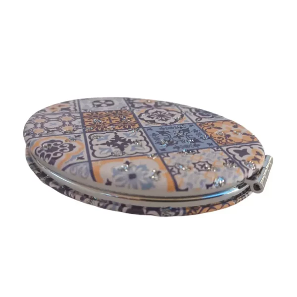 Miroir de poche, de forme Ovale, couleur bleu et orangé, grand carreaux à motifs floraux, Plat, à Strass