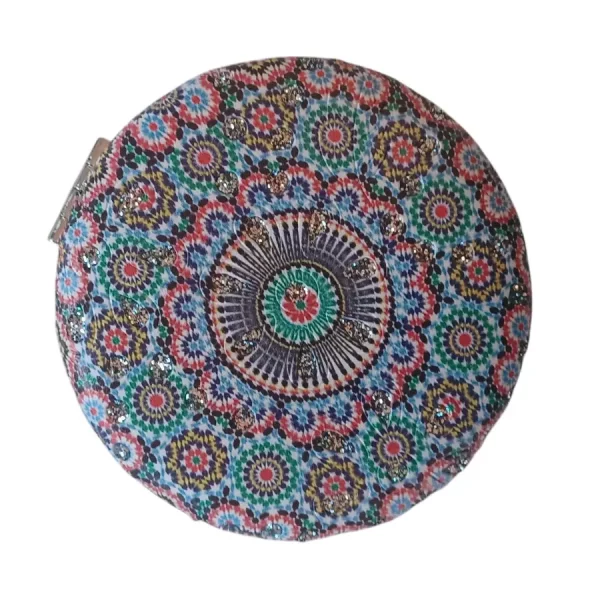 Miroir de poche rond, motifs fleur verte et bleu, bombé, avec strass