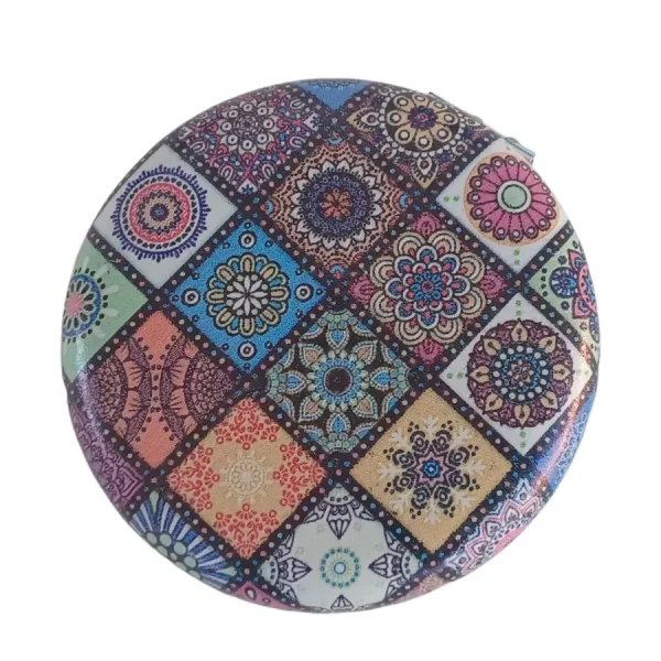 Miroir de poche rond, motif patchwork teinte bleuté, Bombé, sans Strass