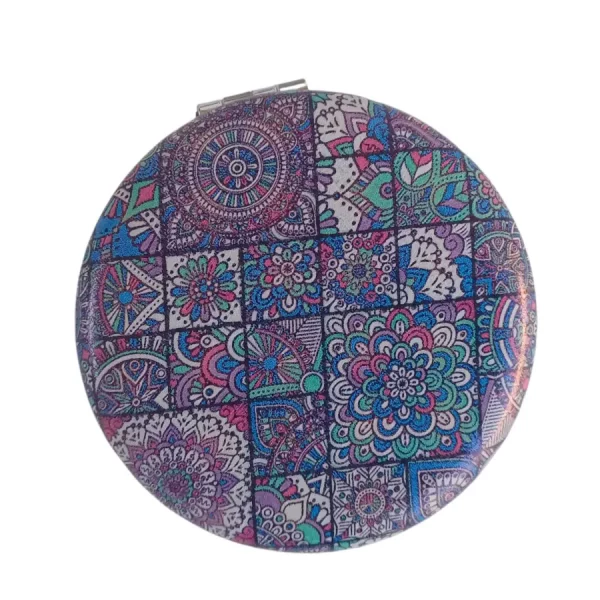 Miroir de poche rond, motif patchwork bleu et violet, Bombé, sans Strass. Défaut de fermeture