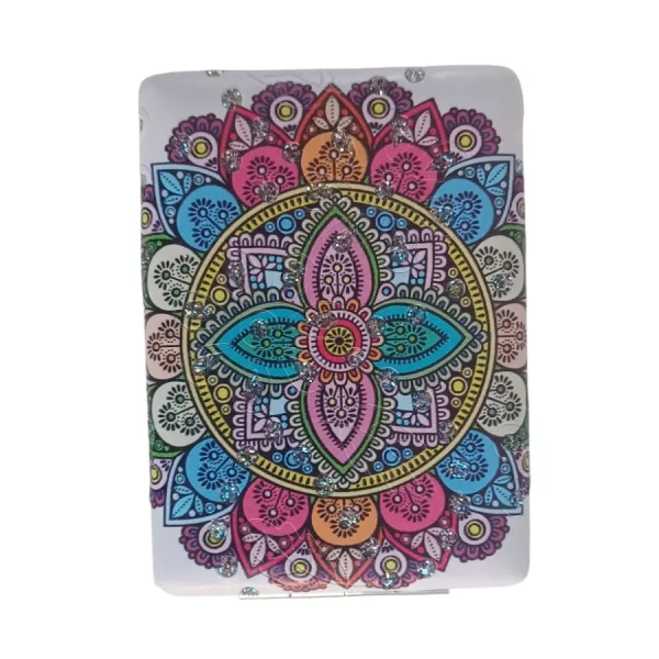 Miroir de poche Rectangulaire, Motif mandala rose et bleu, Bombé, à strass