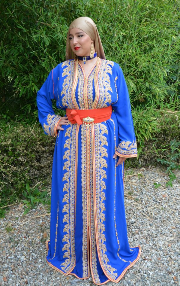Caftan royal doré bleu avec doublure orange Réf : AS41