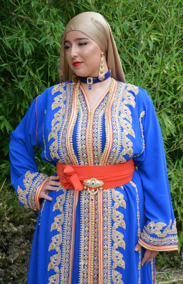 Caftan royal doré bleu avec doublure orange Réf : AS41