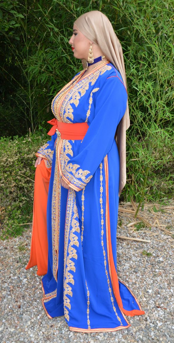 Caftan royal doré bleu avec doublure orange Réf : AS41