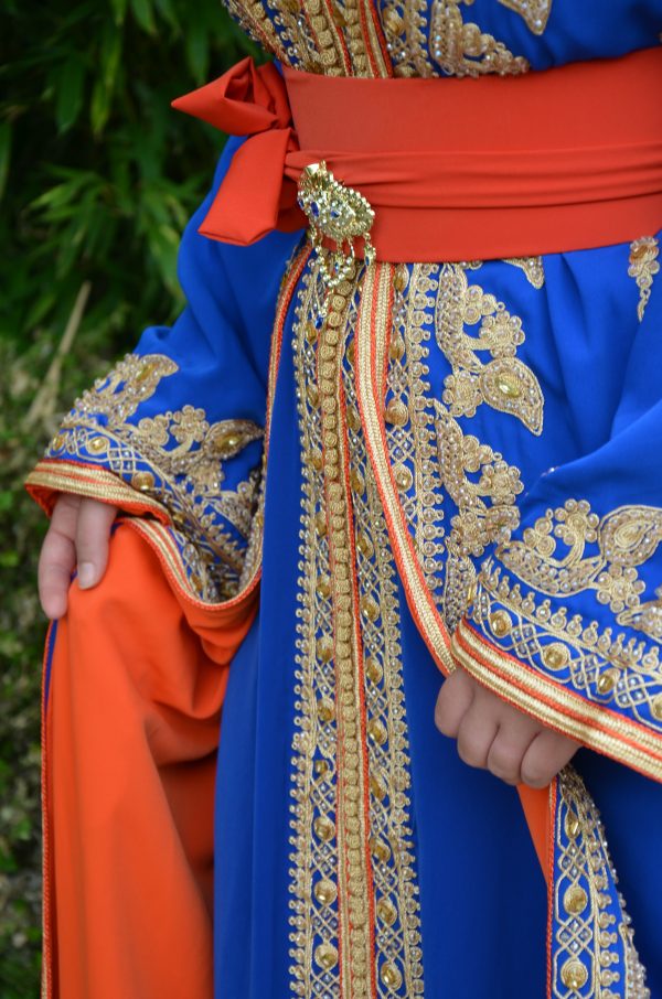 Caftan royal doré bleu avec doublure orange Réf : AS41