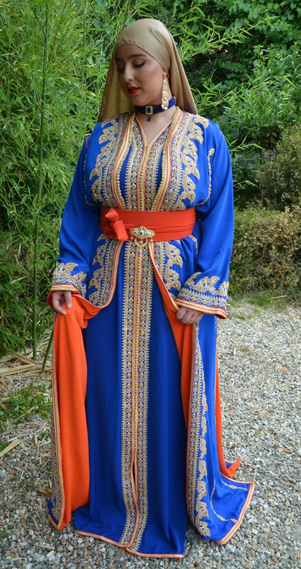 Caftan royal doré bleu avec doublure orange Réf : AS41