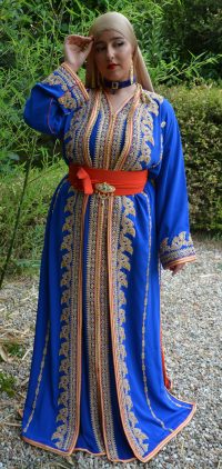 Caftan royal doré bleu avec doublure orange Réf : AS41