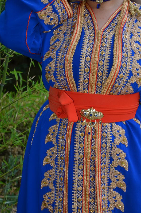 Caftan royal doré bleu avec doublure orange Réf : AS41