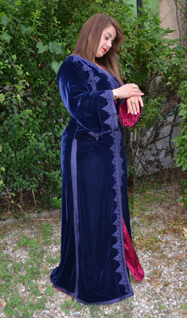 Caftan Velours Royal bleu avec doublure violette : Réf AS42