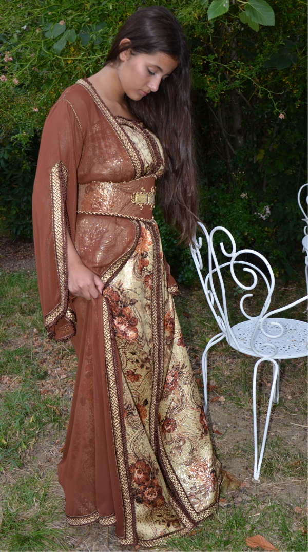 caftan brocard doré et mousseline de soie réf : AS35