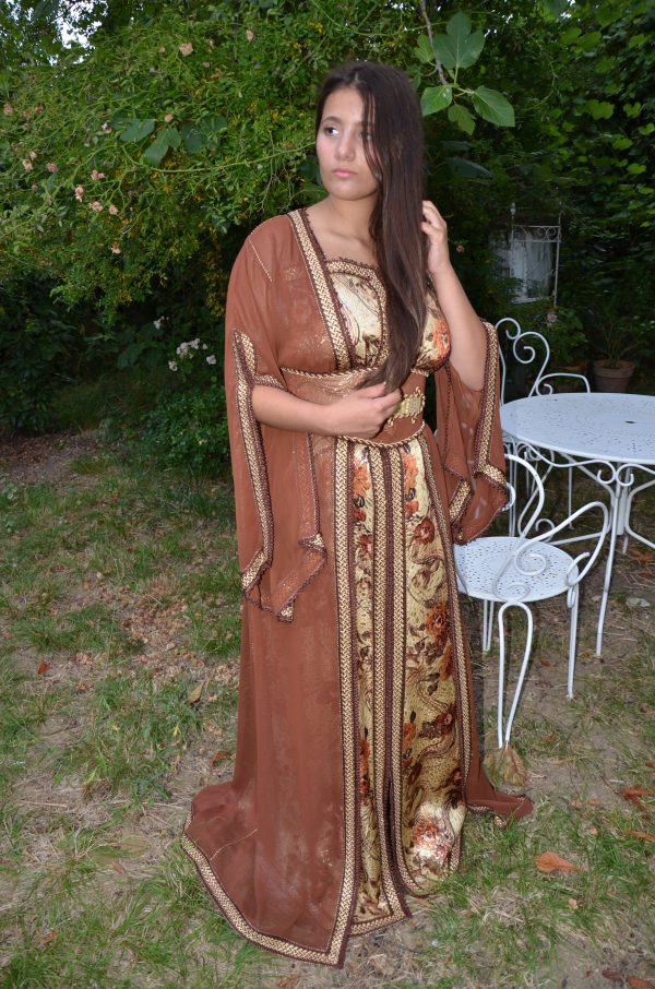 caftan brocard doré et mousseline de soie