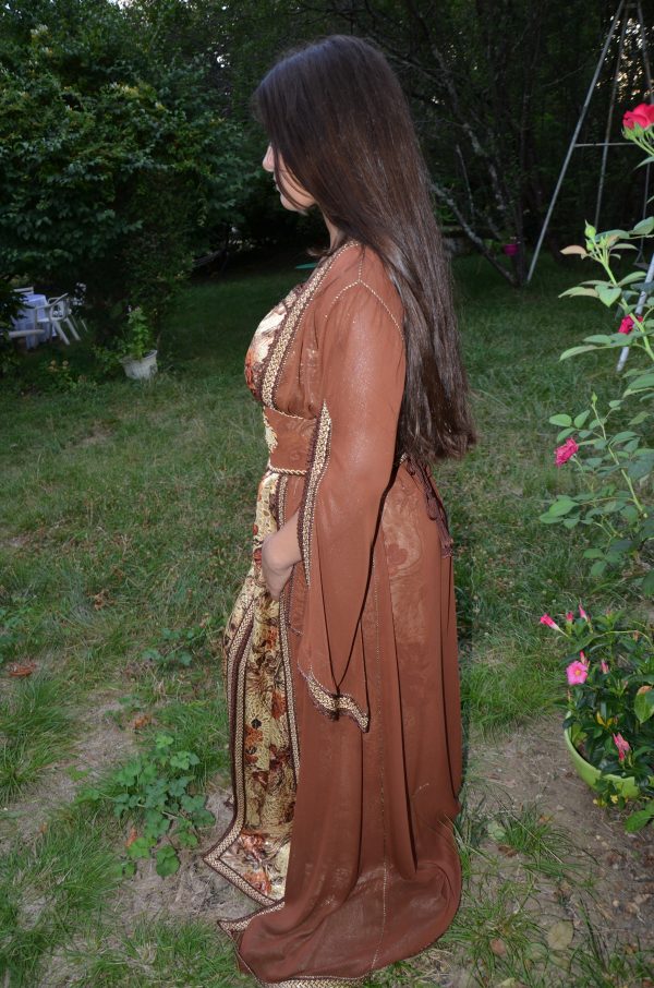 caftan brocard doré et mousseline de soie réf : AS35